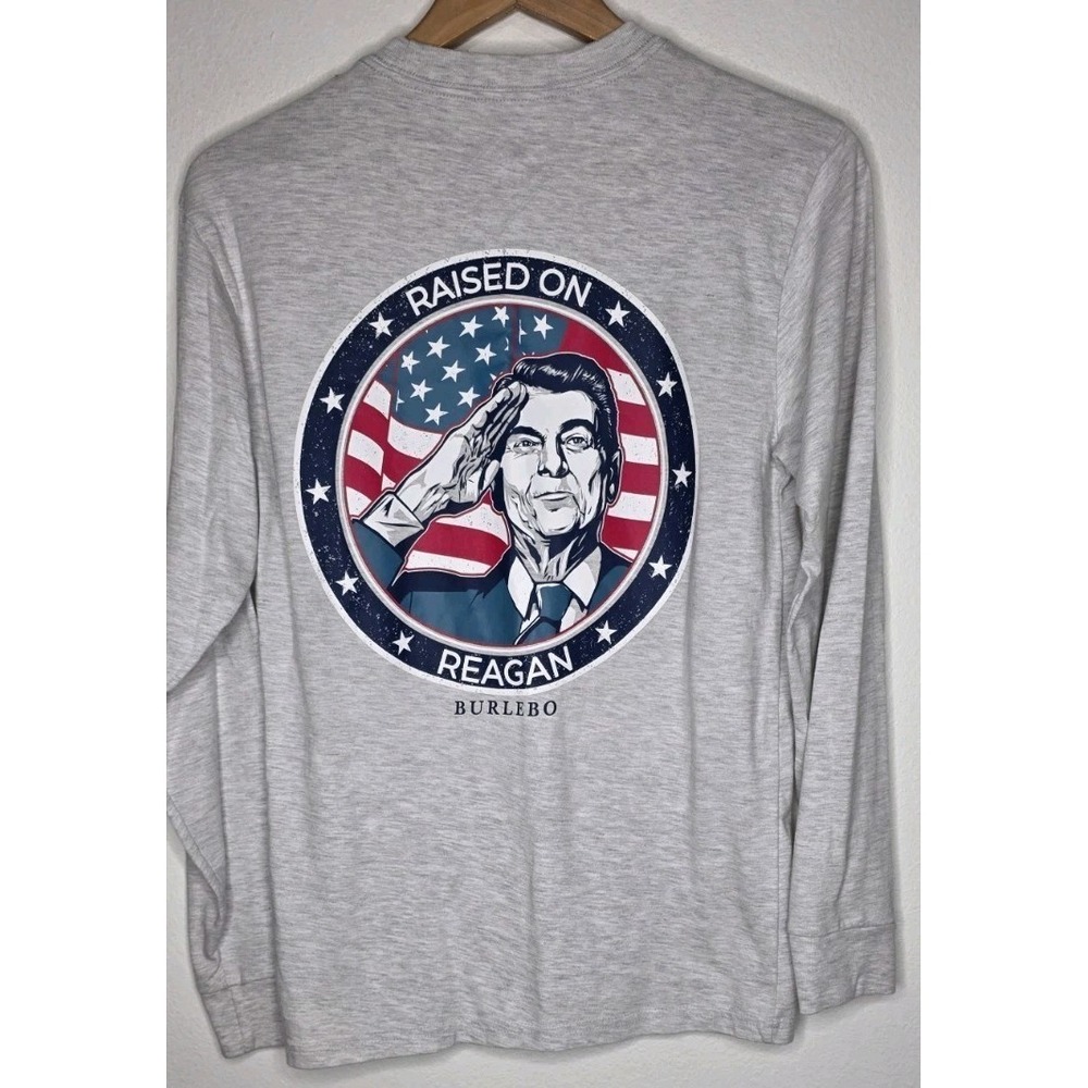 Burlebo Men S Gray Long Sleeve Graphic‎ Print USA Patriotic Raised On Reagan